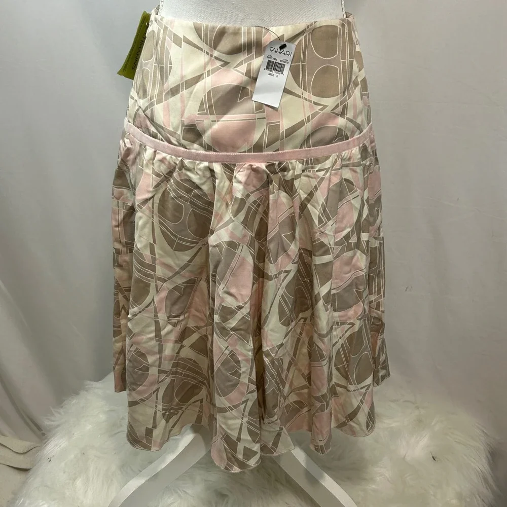 Tahari Skirt Size 2 Pebble Beige Pink Abstract Print‎ Silk Wool Blend